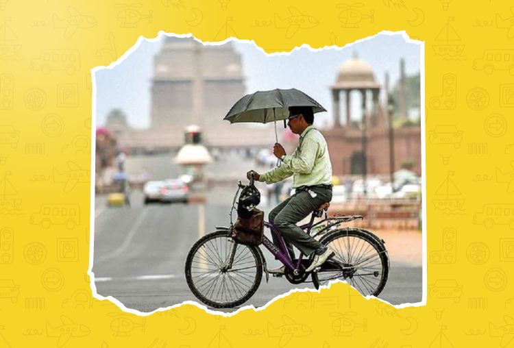 "DELHI SUMMER WEATHER SURVIVAL GUIDE: BEATING THE HEAT" against a backdrop of a scorching sun and cooling items like sunglasses and a water bottle.