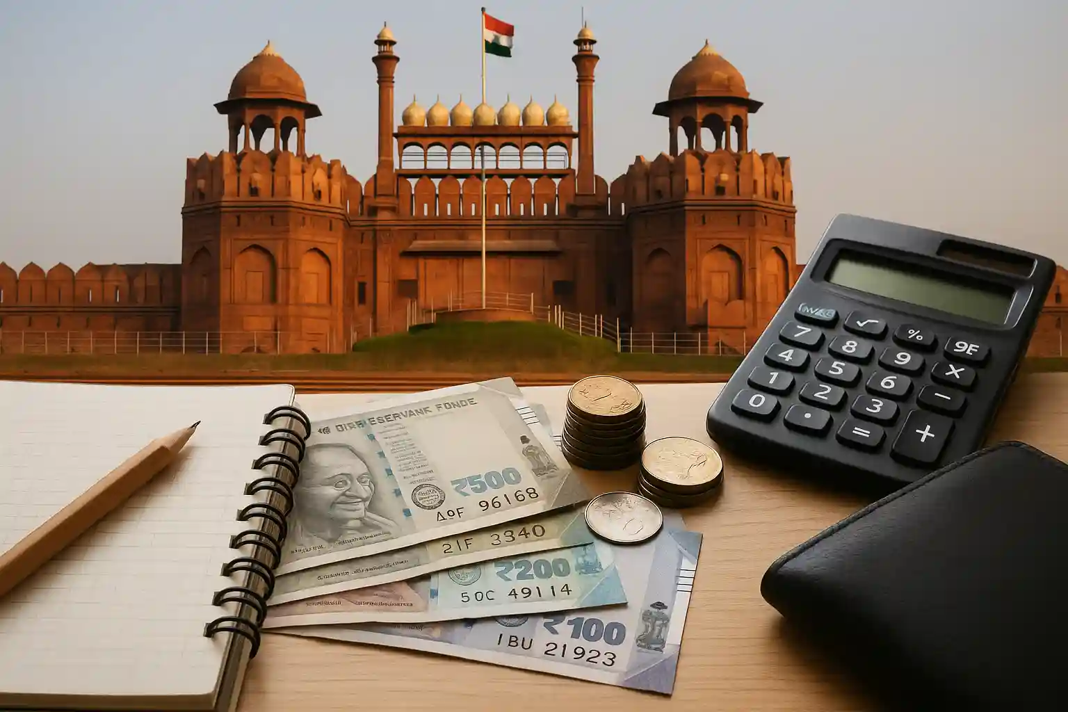 Budgeting essentials like Indian currency, coins, a calculator, and a notebook placed in front of Delhi’s Red Fort.