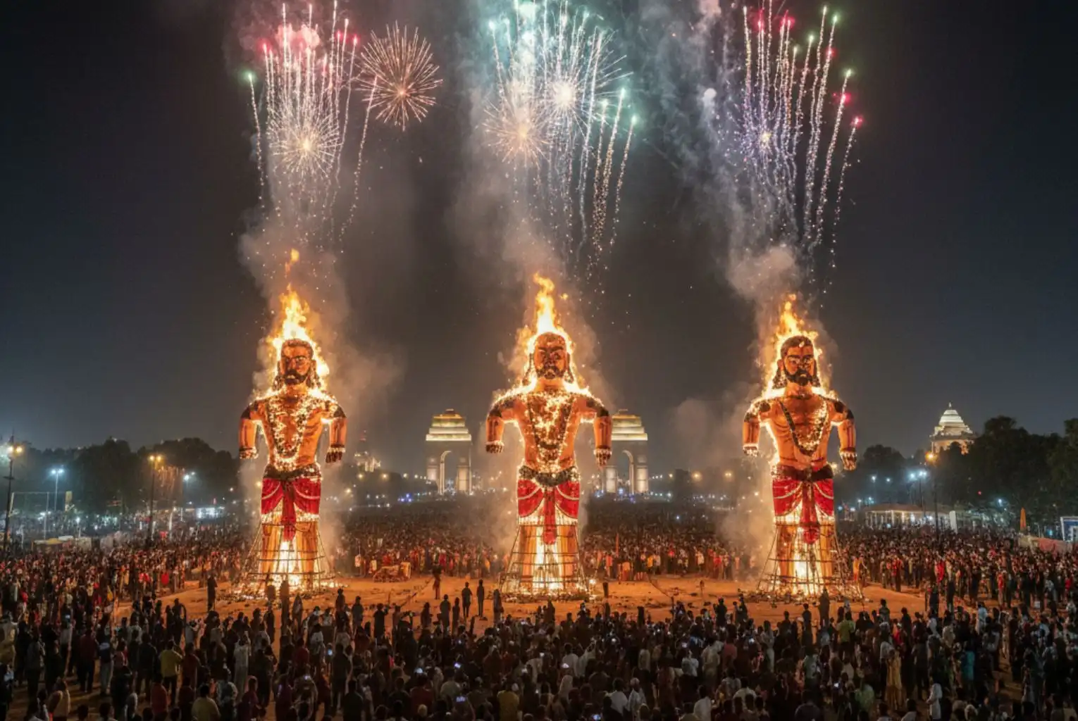 A large crowd watches as three massive effigies of Ravana, Kumbhakarna, and Meghnad burn with fireworks exploding overhead during Dussehra in Delhi
