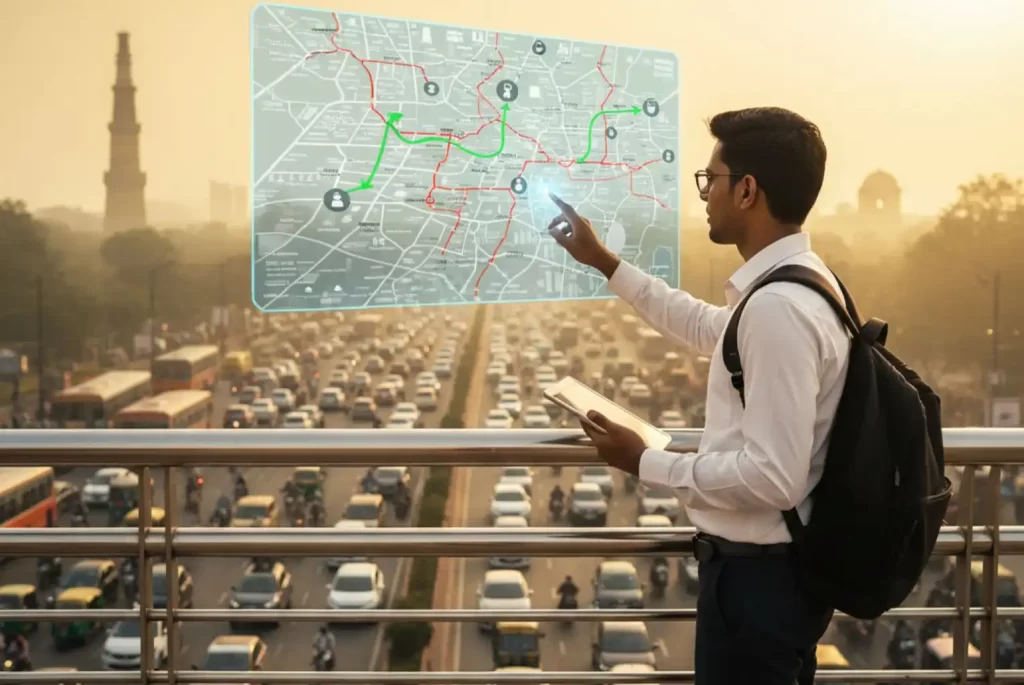 A man standing on a flyover overlooking extremely heavy traffic in a smoggy Delhi skyline, pointing at a glowing, holographic traffic map that is superimposed over the chaotic road scene.