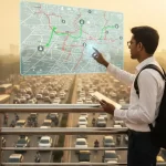A man standing on a flyover overlooking extremely heavy traffic in a smoggy Delhi skyline, pointing at a glowing, holographic traffic map that is superimposed over the chaotic road scene.