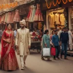 A newly married Indian couple, the bride in a vibrant red and gold lehenga and the groom in a cream sherwani, walking hand-in-hand down a bustling, decorated street in Delhi lined with shops selling elaborate wedding attire and jewelry.