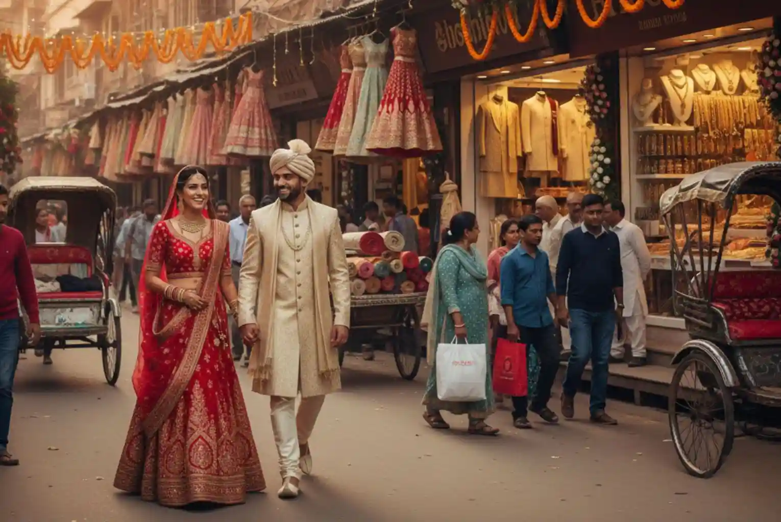 A newly married Indian couple, the bride in a vibrant red and gold lehenga and the groom in a cream sherwani, walking hand-in-hand down a bustling, decorated street in Delhi lined with shops selling elaborate wedding attire and jewelry.