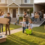 A large family carrying cardboard boxes to a moving truck outside a suburban home during an organized move.