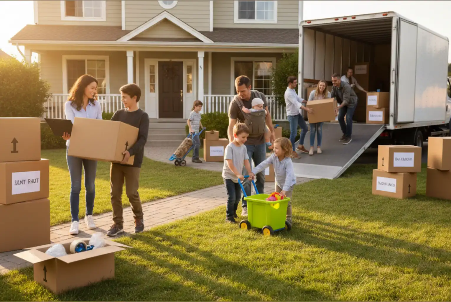 A large family carrying cardboard boxes to a moving truck outside a suburban home during an organized move.
