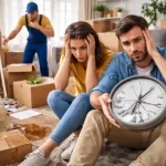 Stressed couple sitting among packed boxes during a chaotic moving day with damaged household items