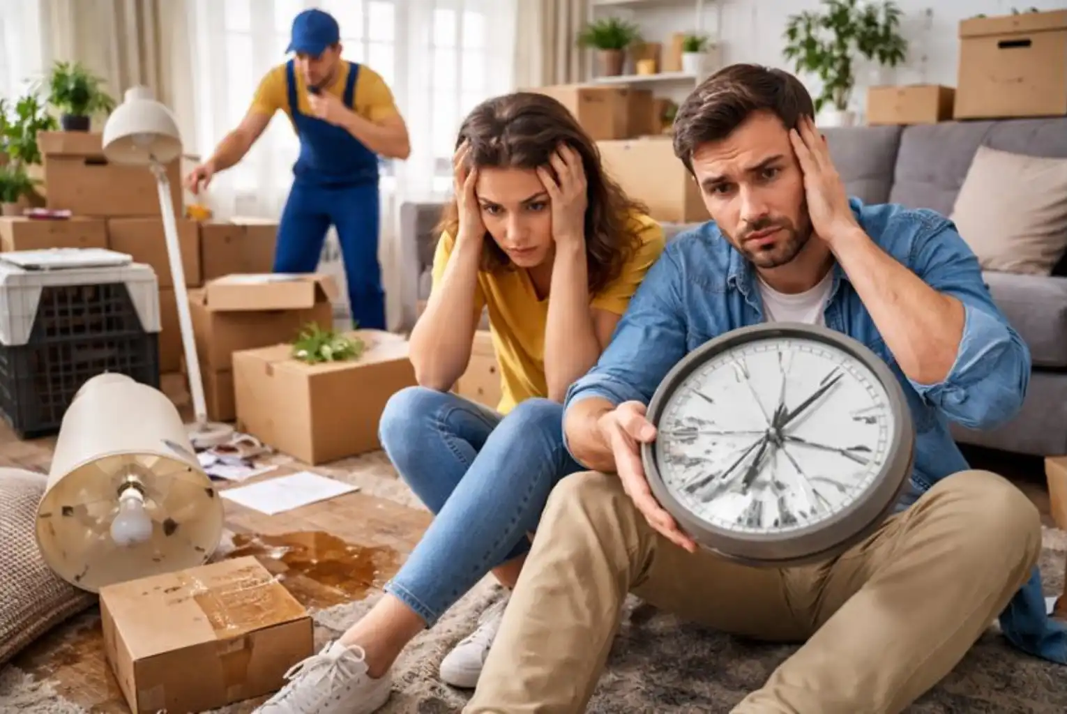 Stressed couple sitting among packed boxes during a chaotic moving day with damaged household items