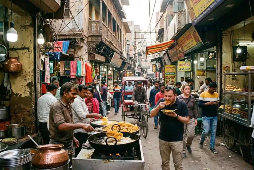 Street vendors preparing fresh snacks in a bustling lane showcasing Old Delhi Food culture