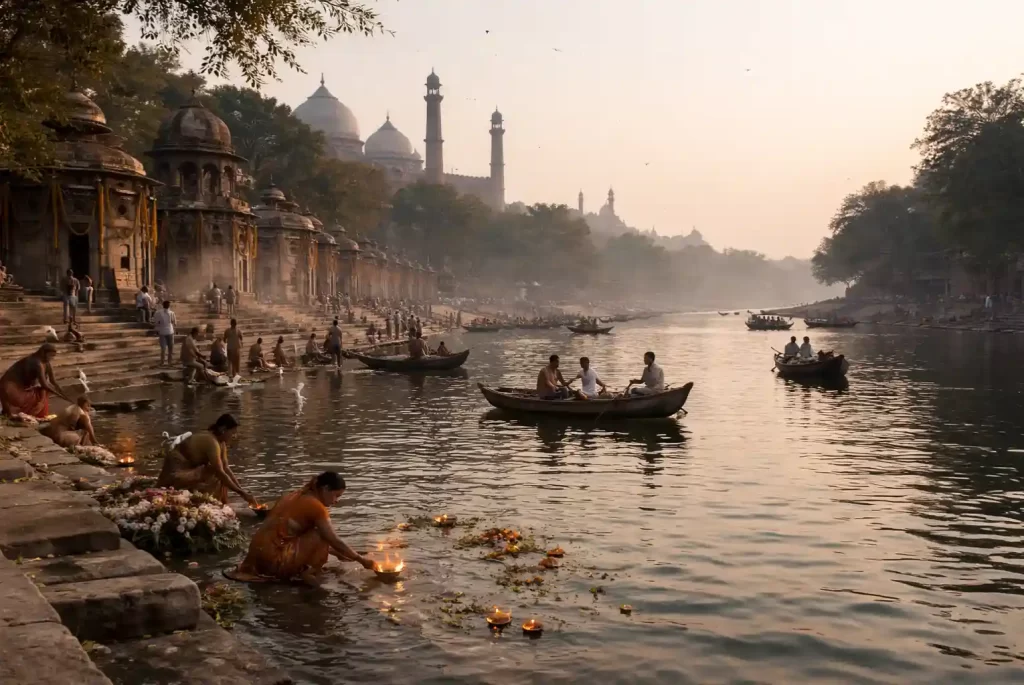 Devotees performing rituals on the banks of the Yamuna River in historic Delhi