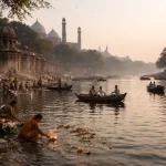 Devotees performing rituals on the banks of the Yamuna River in historic Delhi