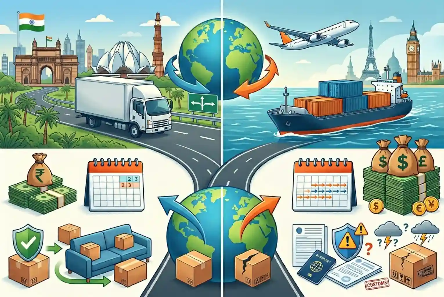 Intercity vs international moving comparison showing truck transport in India and global shipping by air and sea with cost, timeline, and risk elements