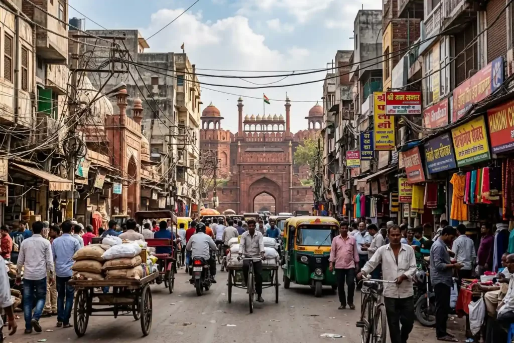 A bustling, crowded street in Old Delhi featuring green and yellow auto-rickshaws, pedestrians, and vendors, with the historic red sandstone walls of the Red Fort visible in the background under a hazy sky.