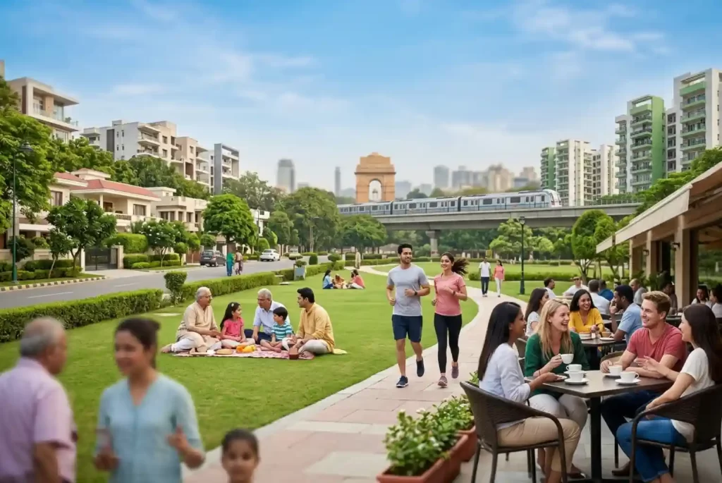 A vibrant, text-free illustration showcasing the best areas to live in Delhi, featuring modern residential buildings, an elevated metro train, and a park filled with families, joggers, and expats.