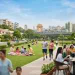 A vibrant, text-free illustration showcasing the best areas to live in Delhi, featuring modern residential buildings, an elevated metro train, and a park filled with families, joggers, and expats.