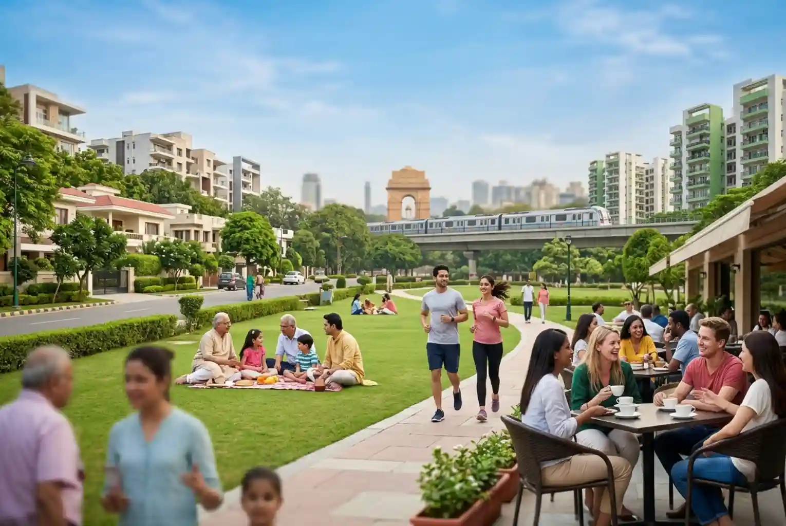 A vibrant, text-free illustration showcasing the best areas to live in Delhi, featuring modern residential buildings, an elevated metro train, and a park filled with families, joggers, and expats.