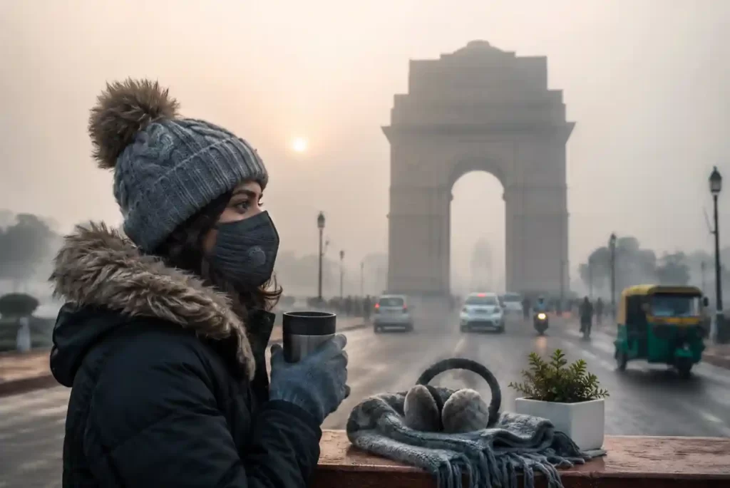 Woman wearing winter clothes and a pollution mask near India Gate during a foggy Delhi winter morning with low visibility and traffic in the background.