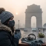 Woman wearing winter clothes and a pollution mask near India Gate during a foggy Delhi winter morning with low visibility and traffic in the background.