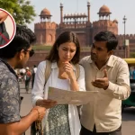 Tourists navigating a busy Delhi street near a historic landmark while being approached by locals and vendors, illustrating awareness and safety against Tourist Scams in Delhi.