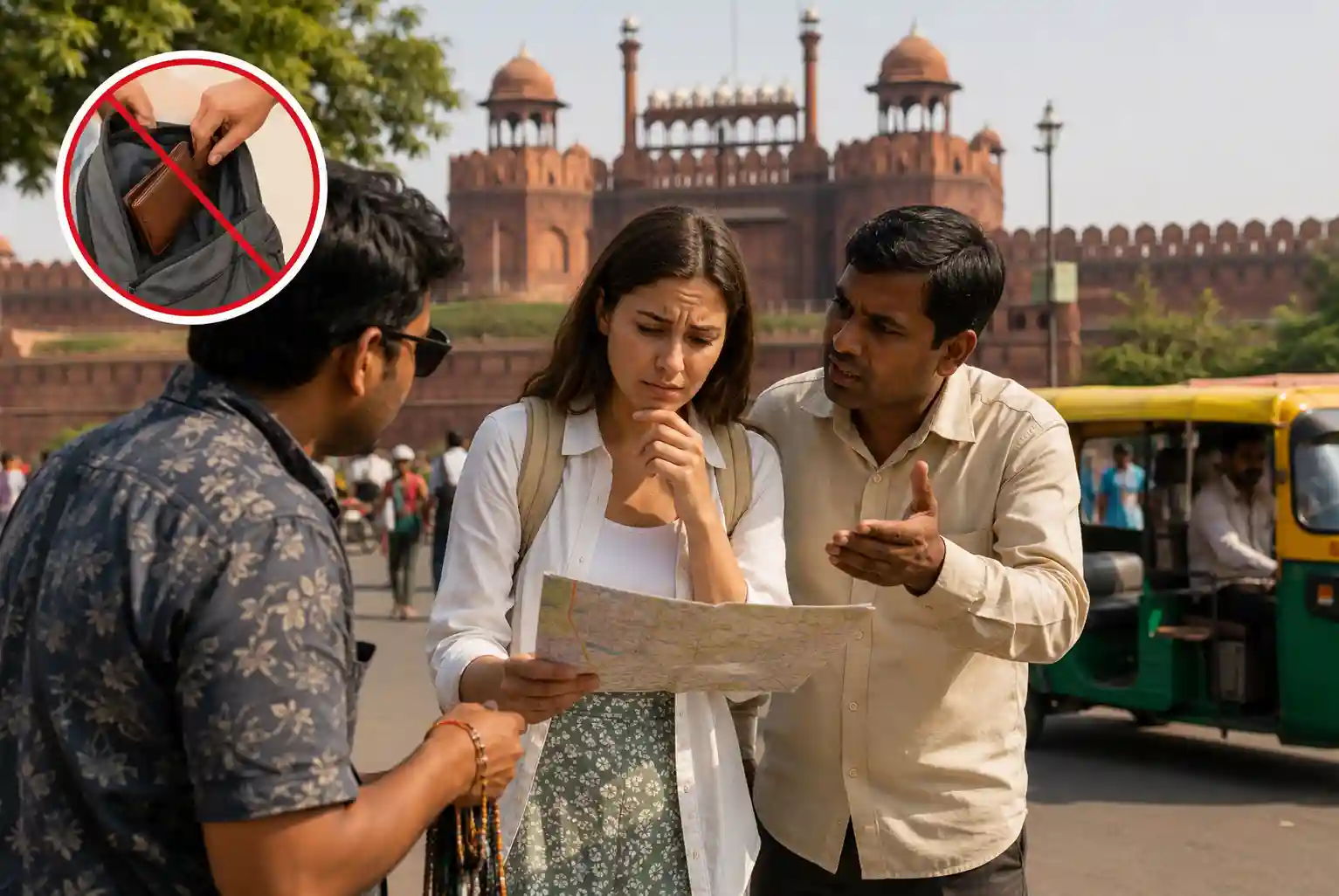 Tourists navigating a busy Delhi street near a historic landmark while being approached by locals and vendors, illustrating awareness and safety against Tourist Scams in Delhi.