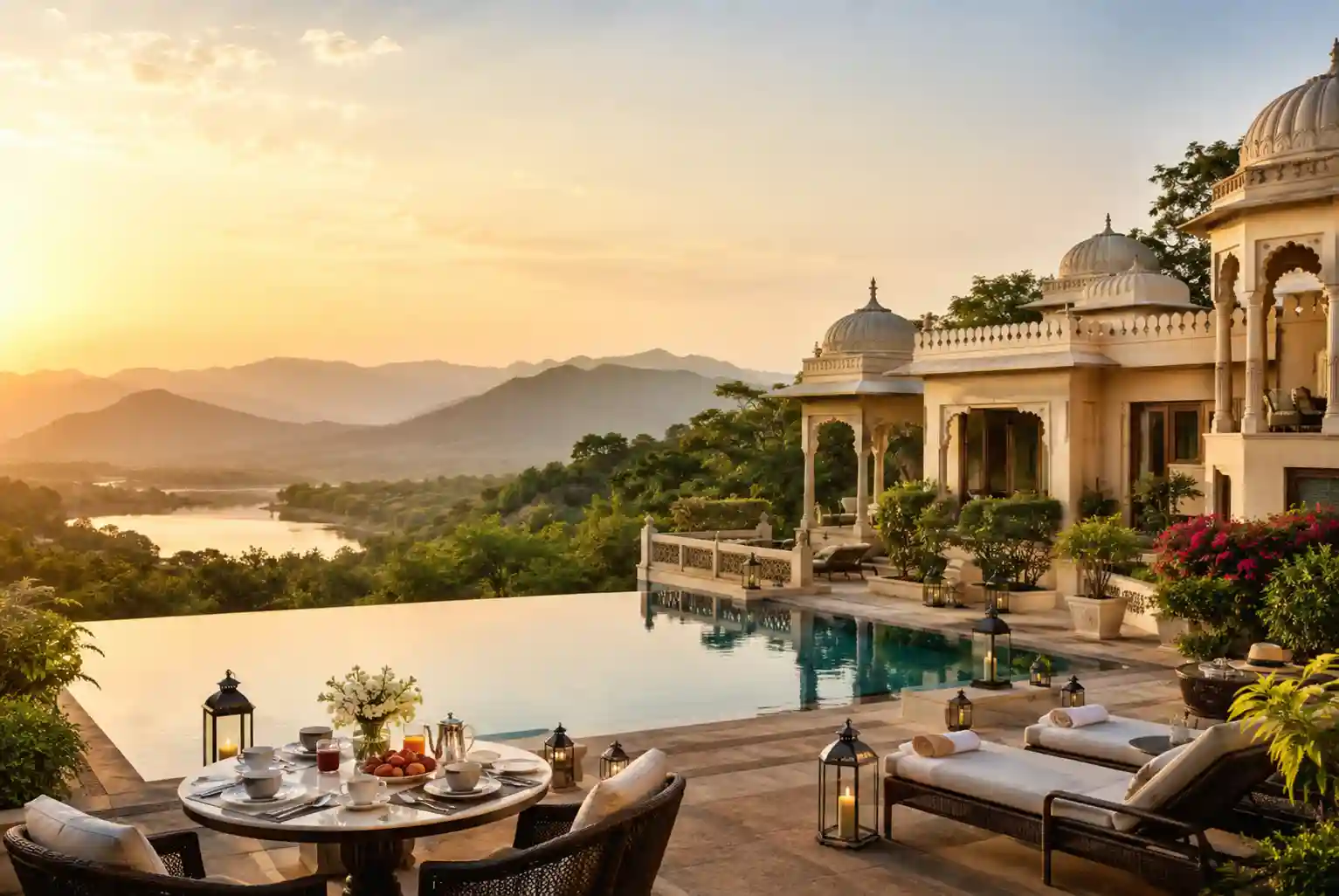 Luxury resort with an infinity pool, elegant outdoor seating, and scenic mountain views, representing the best Weekend Breaks Near Delhi for 2026.