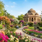 Best Parks in Delhi featuring colorful spring flowers, lush gardens, walking paths, and a historic monument surrounded by blooming landscapes.