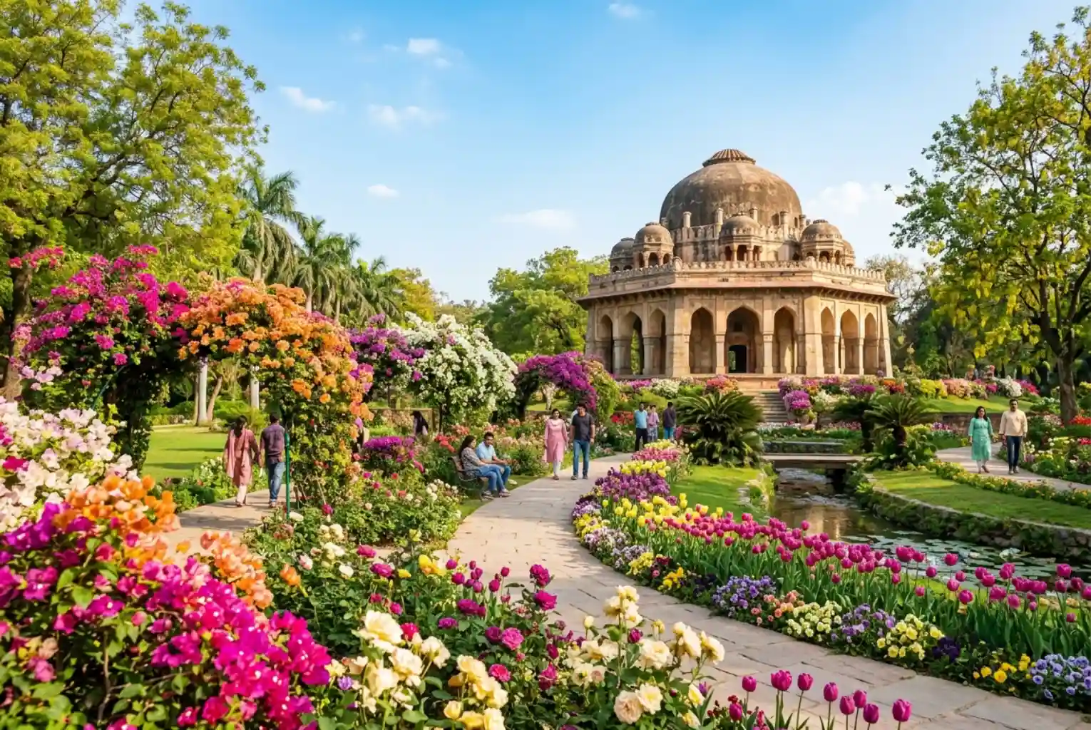 Best Parks in Delhi featuring colorful spring flowers, lush gardens, walking paths, and a historic monument surrounded by blooming landscapes.