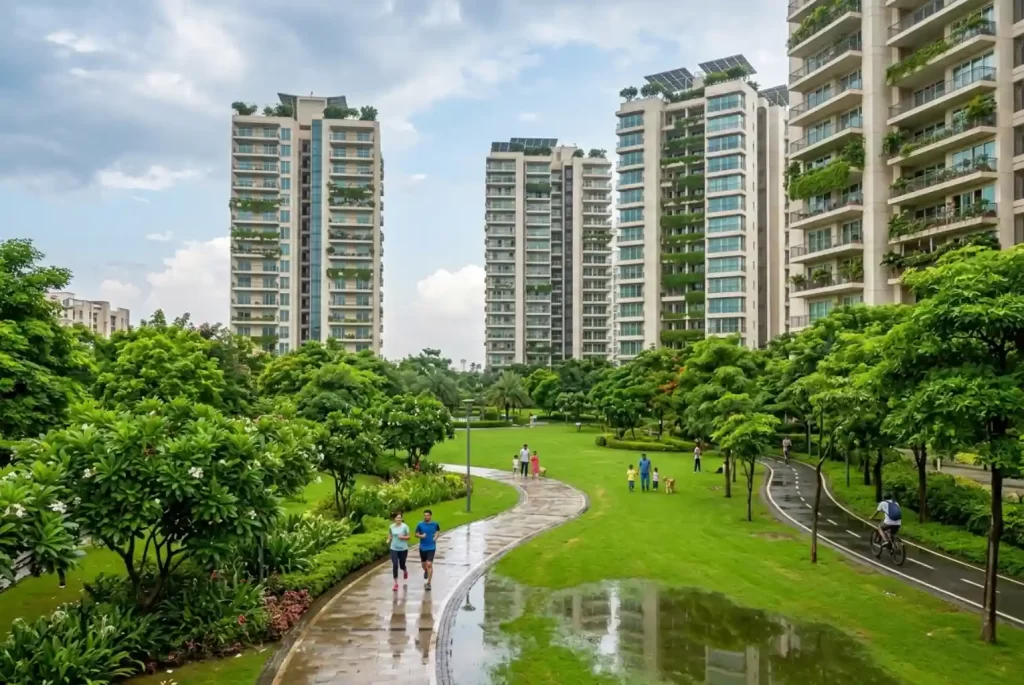 Green park and walking trail among high-rise areas in Delhi with residents jogging and cycling after rain