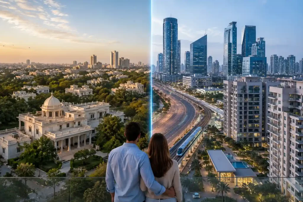 Panoramic comparison of South Delhi’s green residential neighbourhoods and Gurugram’s modern high-rise skyline for expat living in 2026.