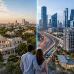Panoramic comparison of South Delhi’s green residential neighbourhoods and Gurugram’s modern high-rise skyline for expat living in 2026.