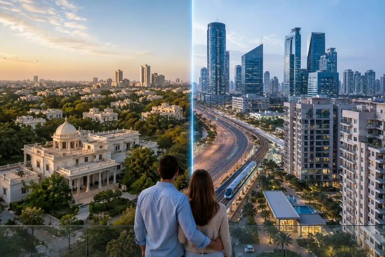 Panoramic comparison of South Delhi’s green residential neighbourhoods and Gurugram’s modern high-rise skyline for expat living in 2026.