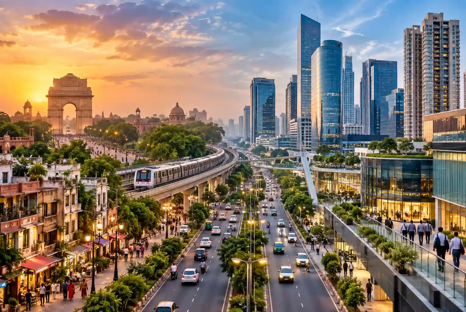 Delhi vs Gurgaon comparison showing Delhi’s iconic heritage, metro connectivity, busy roads, and Gurgaon’s modern skyscrapers and corporate lifestyle.