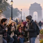 Newcomers enjoying hot tea near India Gate during a cold and foggy Delhi winter morning.