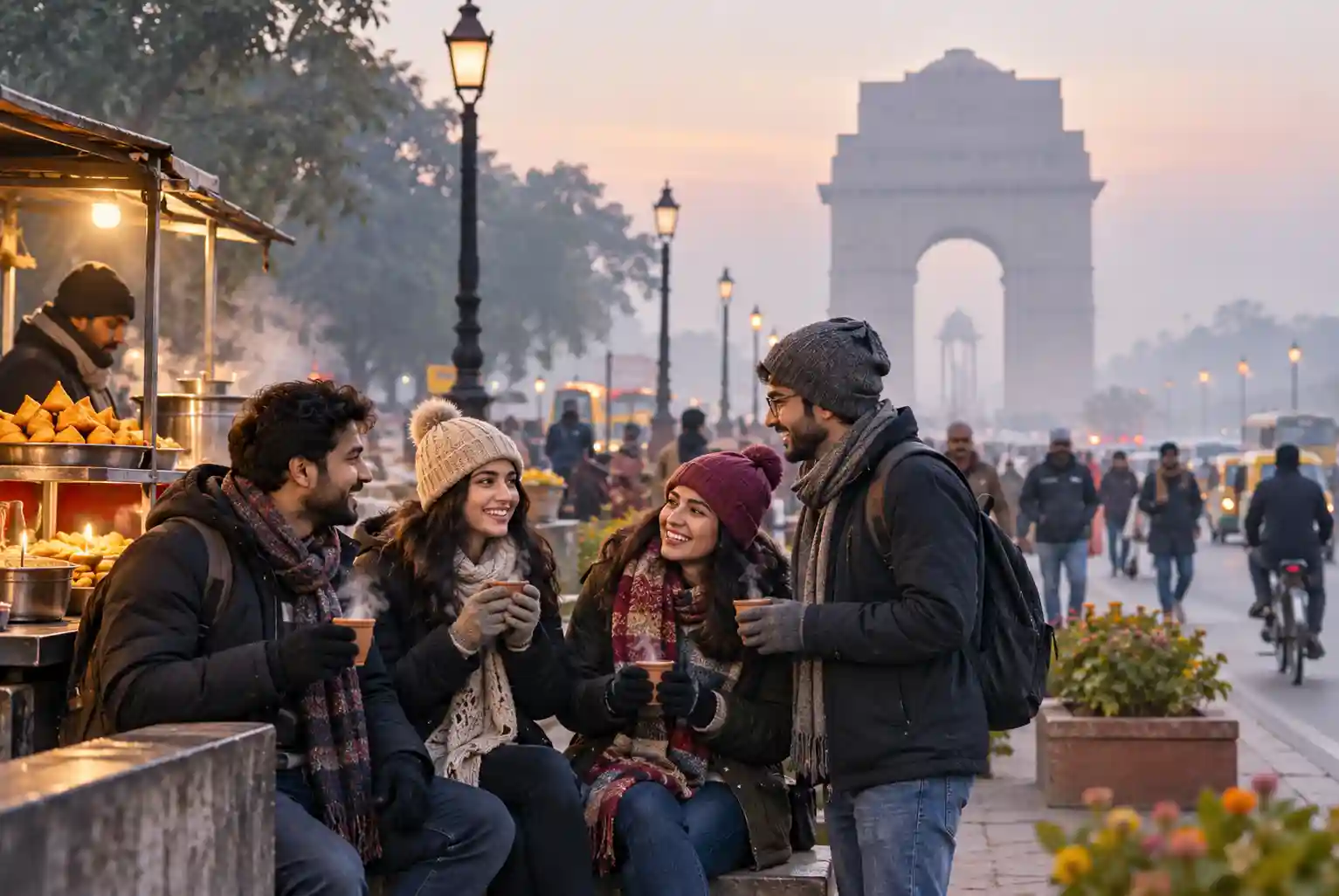 Newcomers enjoying hot tea near India Gate during a cold and foggy Delhi winter morning.