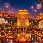 Iconic Delhi landmarks including India Gate, Red Fort, Lotus Temple, and Akshardham decorated with lights and diyas during Diwali 2026.