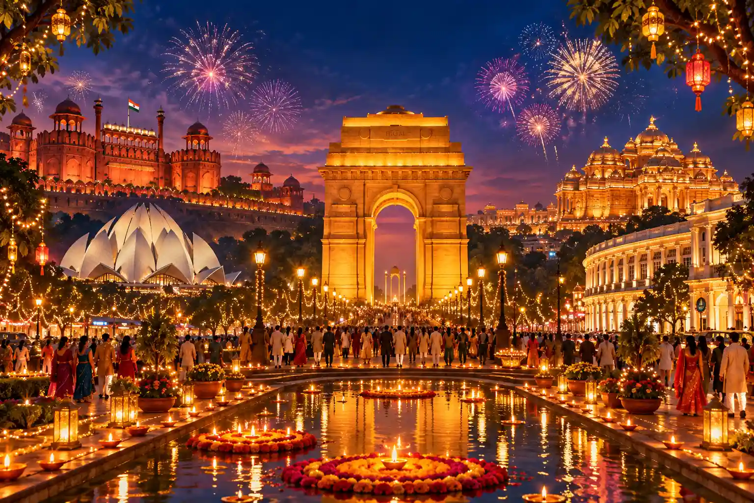 Iconic Delhi landmarks including India Gate, Red Fort, Lotus Temple, and Akshardham decorated with lights and diyas during Diwali 2026.