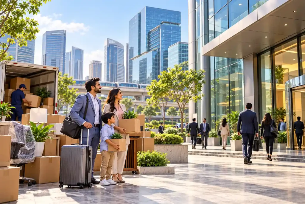 New Corporate Offices in Delhi NCR 2026 featuring modern corporate buildings, business professionals, and a family relocating with moving boxes and luggage.