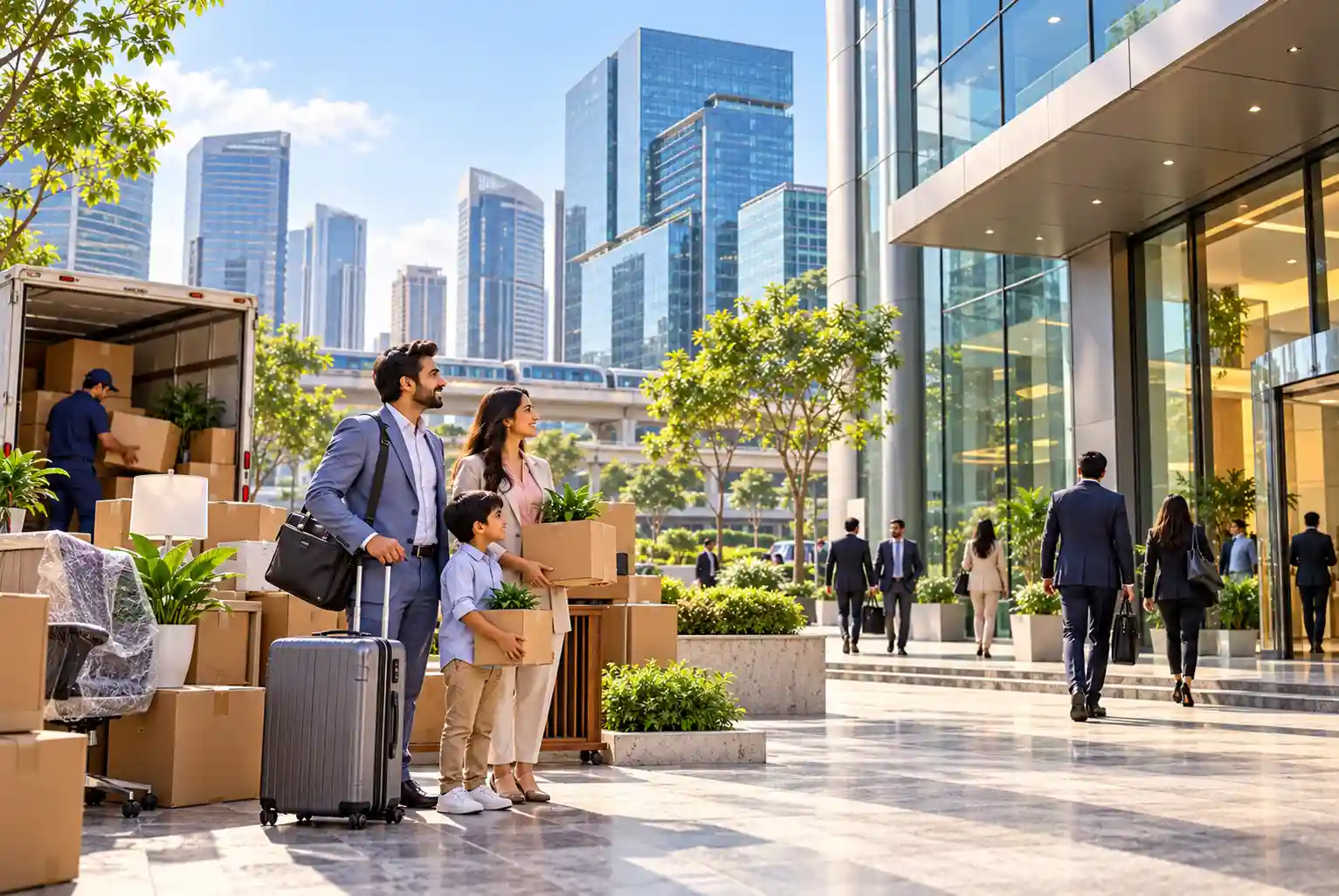 New Corporate Offices in Delhi NCR 2026 featuring modern corporate buildings, business professionals, and a family relocating with moving boxes and luggage.